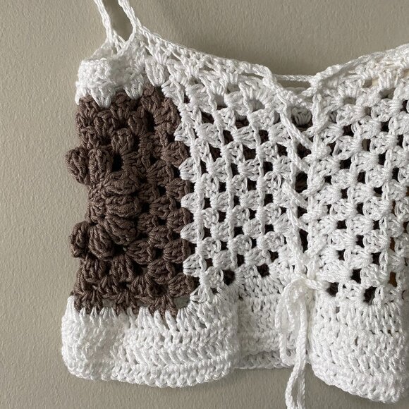 NWT Handmade Crochet White Brown Children's Granny Square Tie Straps Crop Top - Picture 5 of 5
